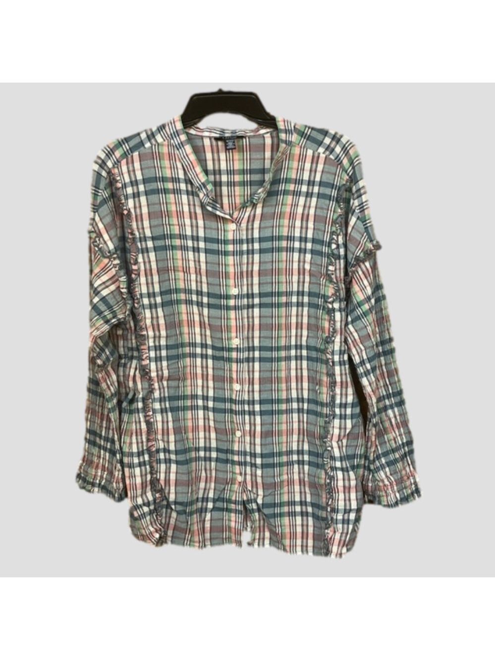 CHAPS Multi Color Plaid Ruffled Long Sleeve Button Down Blouse size 1X EUC